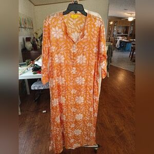 Roller Rabbit Orange Floral Kaftan Dress L